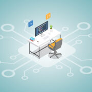 programming concept with workspace and network sign with modern flat isometric style